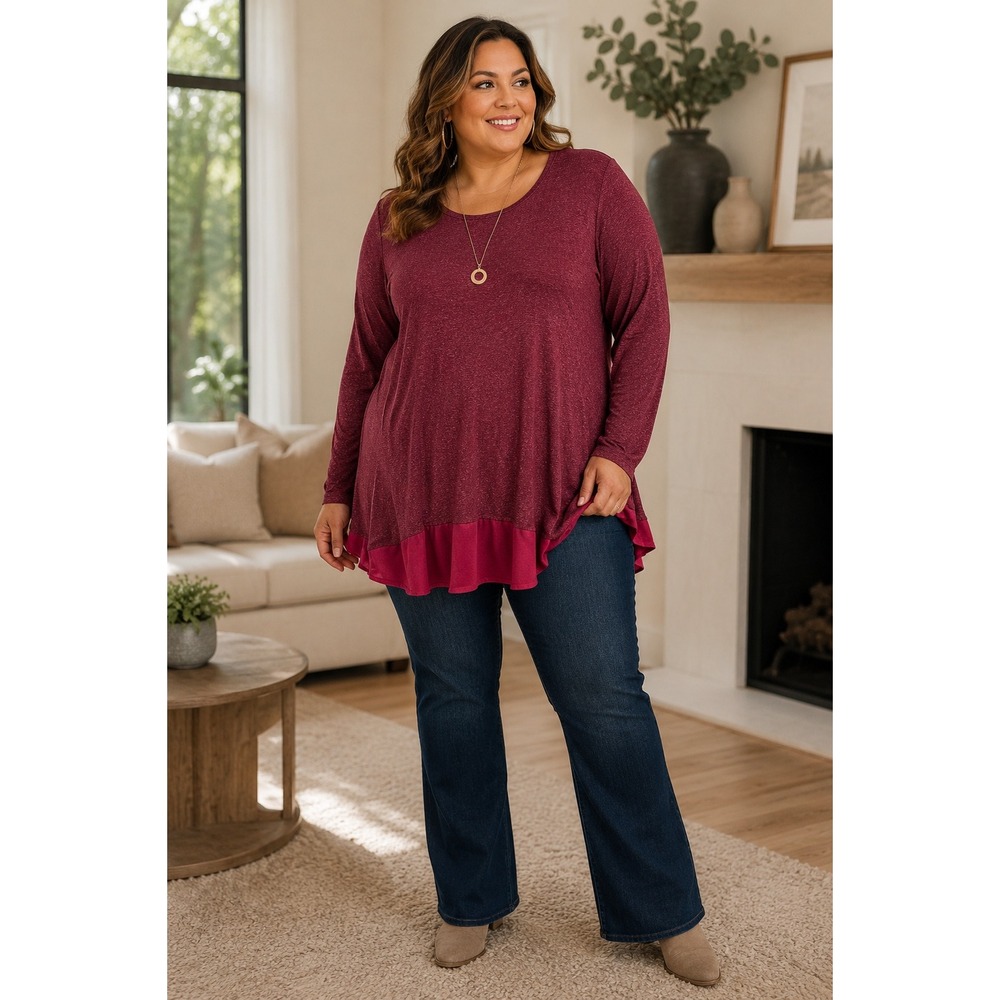 LOGO Lori Goldstein Womans Sz 2X Plus Maroon Print Long Sleeve Stretch